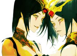  2girls bare_shoulders black_hair breasts cleavage eyelashes hair_ornament jian_tai_(cuoyu0) large_breasts league_of_legends leblanc_(league_of_legends) looking_at_viewer makeup multiple_girls open_mouth parted_bangs parted_lips red_pupils short_hair sideboob sidelocks simple_background smile upper_body white_background yellow_eyes 