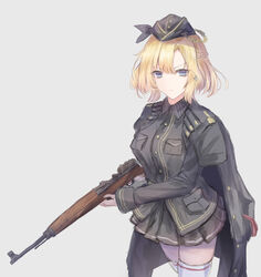  absurdres black_hat black_jacket black_shirt black_skirt blonde_hair blue_eyes braid breasts closed_mouth commentary cross cross_earrings earrings female french_braid g43_(girls&#039;_frontline) gewehr_43 girls&#039;_frontline gun hat highres holding holding_gun holding_weapon iron_cross jacket jacket_on_shoulders jewelry large_breasts light_frown long_sleeves looking_at_viewer martinreaction military military_hat military_uniform rifle scope shirt short_hair simple_background skirt solo thighhighs uniform v-shaped_eyebrows weapon white_background white_thighhighs 