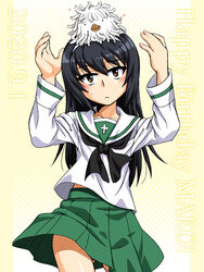  araippe arms_up black_hair black_neckerchief blouse brown_eyes character_name closed_mouth commentary cowboy_shot dated english_text female frown girls_und_panzer green_skirt hairband happy_birthday long_hair long_sleeves looking_at_viewer mascot miniskirt neckerchief object_on_head ooarai_school_uniform oosaka_kanagawa pleated_skirt reizei_mako sailor_collar school_uniform serafuku shirt skirt solo sweatdrop white_hairband white_sailor_collar white_shirt yellow_background 