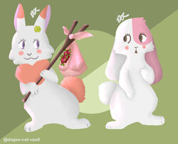  2020 :3 blush brown_eyes chest_tuft clover clover_(happy_happy_clover) digital_drawing_(artwork) digital_media_(artwork) domestic_rabbit duo eyelashes female feral fur green_background happy happy_happy_clover heart katsuwuma lagomorph leporid long_ears lop_rabbit mallow_(hhc) mammal meru_(hhc) oryctolagus pink_body pink_fur purple_eyes rabbit sayuri_tatsuyama shamrock shy simple_background smile standing stick tuft white_body white_fur 