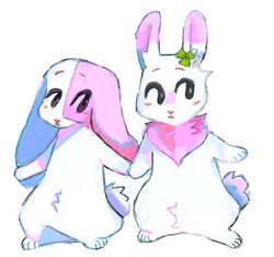  2021 blush chest_tuft clover_(happy_happy_clover) digital_drawing_(artwork) digital_media_(artwork) duo female feral fur hand_holding happy_happy_clover hoofpeet lagomorph leporid long_ears mallow_(hhc) mammal meru_(hhc) pink_body pink_fur rabbit sayuri_tatsuyama shamrock simple_background standing tuft white_background white_body white_fur 