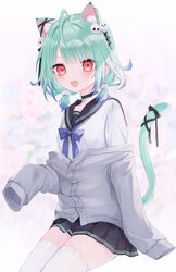  absurdres ahoge alternate_costume animal_ears arm_support bad_id bad_pixiv_id black_collar black_ribbon black_sailor_collar black_skirt blue_bow blue_bowtie blue_hair bow bowtie cat_ears cat_tail collar colored_tips commentary feet_out_of_frame female gradient_hair green_hair grey_sweater hair_ornament hair_ribbon highres hololive light_green_hair making-of_available mashiro_shiki multicolored_hair off_shoulder over-kneehighs pleated_skirt red_eyes ribbon sailor_collar school_uniform serafuku shirt short_hair short_twintails simple_background sitting skirt skull_hair_ornament sleeves_past_fingers sleeves_past_wrists solo sweater tail tail_ornament tail_ribbon thighhighs twintails uruha_rushia virtual_youtuber white_background white_shirt white_thighhighs 