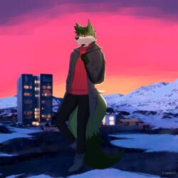  1:1 absurd_res anthro backpack canid canine canis clothing eyewear fenriet fox fur glasses green_body green_fur greenland hi_res hybrid kalaallit_nunaat mammal mountain wolf 