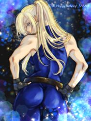  ass belt black_belt black_gloves blonde_hair blue_bodysuit blue_eyes bodysuit breasts commentary_request dated female fingerless_gloves from_behind gloves hands_on_own_hips happy_birthday highres ikeda_tsukasa long_hair looking_back loose_belt ponytail sarah_bryant skin_tight sleeveless sleeveless_bodysuit solo standing toned turtleneck turtleneck_bodysuit twitter_username virtua_fighter 