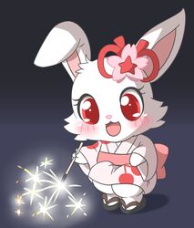  accessory anthro asian_clothing blush clothing east_asian_clothing female fireworks flower flower_in_hair footwear fur gradient_background hair hair_accessory japanese_clothing jewelpet kinomi_(artist) lagomorph leporid mammal pink_clothing plant rabbit red_eyes ruby_(jewelpet) sandals sanrio sega sega_fave simple_background solo sparkler white_body white_fur yukata 