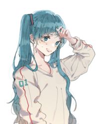  bad_id bad_pixiv_id blue_eyes blue_hair commentary female hagimorijia hand_up hatsune_miku highres long_hair long_sleeves parted_lips shirt simple_background solo sweat twintails upper_body vocaloid white_background white_shirt wiping_forehead 