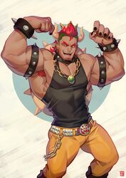  1boy absolum_art absurdres armband armpit_hair armpits bara belt black_nails black_tank_top bowser bracelet commentary covered_abs english_commentary feet_out_of_frame flexing highres humanization jewelry king_koopa large_pectorals lying male_focus mario_(series) muscular muscular_male necklace on_back pants pectorals pose short_hair solo spiked_bracelet spikes tank_top the_super_mario_bros._super_show! thick_thighs thighs yellow_pants 