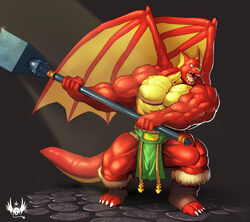  4_toes 5_fingers anthro big_muscles big_pecs bottomwear clothing countershading digital_media_(artwork) dragon eldiman fangs feet fingers footwear hammer holding_object loincloth ludren_(character) male maul muscular muscular_anthro muscular_male mythological_creature mythological_scalie mythology open_mouth pecs red_body scalie sharp_teeth solo tail teeth toeless_footwear toes tongue tools vein veiny_muscles volumetric_lighting wings yellow_body 