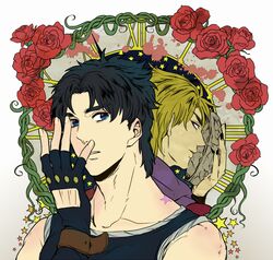  2boys birthmark black_hair blonde_hair blue_eyes clock dio_brando fingerless_gloves flower gloves hand_over_face joestar_birthmark jojo_no_kimyou_na_bouken jojo_pose jonathan_joestar jonathan_joestar&#039;s_pose_(jojo) kock_k male_focus multiple_boys phantom_blood plant pose rose star_(symbol) star_print stone_mask_(jojo) thorns vines 