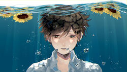  1boy air_bubble bad_id bad_pixiv_id brown_eyes brown_hair bubble collared_shirt commentary flower hagimorijia highres male_focus original parted_lips shirt short_hair solo sunflower symbol-only_commentary underwater upper_body water white_shirt 