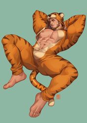  1boy abs absolum_art animal_costume animal_ears animal_print arms_behind_head bara bare_pectorals beard biceps borrowed_character brown_eyes brown_hair bulge cayden_(dizdoodz) dizdoodz facial_hair full_body highres large_pectorals leg_up lying male_focus mature_male muscular muscular_male naked_costume navel nipples on_back original pectorals short_hair solo spread_legs tail thick_thighs thighs tiger_costume tiger_ears tiger_print tiger_tail 