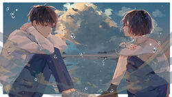  1boy absurdres amatsuki_(utaite) blue_pants blue_skirt blue_sky brown_eyes brown_footwear brown_hair brown_legwear character_request closed_mouth cloud commentary_request crossed_arms female from_side full_body hagimorijia highres horizon indie_utaite long_sleeves looking_at_another ocean outdoors pants parted_lips profile school_uniform shirt short_hair sitting skirt sky socks utaite water_drop white_shirt 