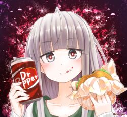  :d ahoge blunt_bangs blush burger can collarbone commentary_request dr_pepper eating female fingernails food food_on_face grey_eyes grey_hair highres holding holding_can holding_food open_mouth original partial_commentary portrait product_placement red-eye_effect ringoanu smile 