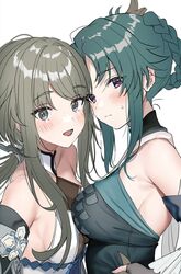  2girls asymmetrical_docking bare_shoulders blush braided_hair_rings breast_press breasts genshin_impact green_hair grey_eyes grey_hair guizhong_(genshin_impact) highres hominamia large_breasts long_hair looking_at_viewer madame_ping_(genshin_impact) medium_breasts multiple_girls open_mouth parted_bangs purple_eyes sidelocks simple_background smile white_background 