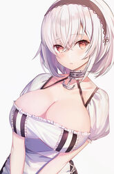  anchor_choker azur_lane blush breasts cleavage dress female hair_between_eyes hairband highres huge_breasts lace-trimmed_hairband lace_trim large_breasts looking_at_viewer nannann red_eyes revealing_clothes short_hair simple_background sirius_(azur_lane) solo white_background white_dress white_hair 