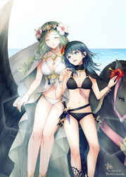  2girls bikini black_bikini blue_eyes blue_hair breasts byleth_(female)_(fire_emblem) byleth_(female)_(summer)_(fire_emblem) byleth_(fire_emblem) cleavage closed_eyes commentary_request fire_emblem fire_emblem:_three_houses fire_emblem_heroes flower green_hair hair_flower hair_ornament hibiscus highres horse kimita_(kiokunoumi) knife large_breasts looking_at_another medium_breasts multiple_girls navel o-ring o-ring_bikini ocean official_alternate_costume open_mouth pegasus pointing rhea_(fire_emblem) rhea_(summer)_(fire_emblem) swimsuit water white_bikini 