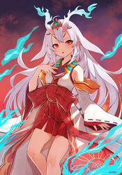  aqua_fire arpeggio_kaga bare_shoulders bow detached_sleeves duel_monster female fiery_horns fire green_fire hair_ornament highres horns japanese_clothes jewelry kimono kurikara_divincarnate long_hair long_sleeves mirror necklace red_eyes sleeveless sleeveless_kimono solo white_hair wide_sleeves yu-gi-oh! 