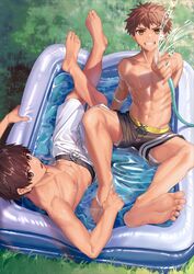  2boys arm_support barefoot black_male_swimwear brown_eyes brown_hair collarbone crossed_legs day feet from_above grass grin hand_up highres holding holding_hose hose looking_at_viewer looking_up lying male_focus male_swimwear multiple_boys navel nayoshi_(r-744) nipples on_back original outdoors parted_lips pectorals reclining short_hair smile soles spiked_hair spraying spread_legs swim_trunks toes toned toned_male topless_male wading_pool water water_drop wet white_male_swimwear 