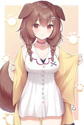  animal_collar animal_ears bone_hair_ornament braid breasts brown_eyes brown_hair brown_tail cleavage closed_mouth collar collarbone commentary_request cowboy_shot dog_ears dog_girl dog_tail dress female hair_ornament heart heart-shaped_pupils highres hololive inugami_korone inugami_korone_(1st_costume) jacket kagami_(kgmgts) large_breasts looking_at_viewer medium_hair open_clothes open_jacket pink_collar sidelocks smile solo standing symbol-shaped_pupils tail twin_braids virtual_youtuber white_dress yellow_jacket 