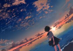  bad_id bad_pixiv_id black_sailor_collar black_skirt brown_hair cloud commentary_request dutch_angle evening facing_away feet_out_of_frame female from_behind hagimorijia highres horizon ocean original outdoors sailor_collar scenery school_uniform serafuku shirt short_hair short_sleeves skirt sky solo standing sunset white_shirt 