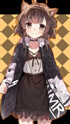  ahoge animal_ear_fluff animal_ears annin_miru argyle_background black_jacket black_skirt bow brown_bow brown_eyes brown_flower brown_hair brown_rose closed_mouth collarbone commentary_request drawstring female flower frilled_skirt frills hair_flower hair_ornament hairbow highres indie_virtual_youtuber jacket long_sleeves looking_at_viewer open_clothes open_jacket orange_outline outline rose shirt skirt sleeves_past_wrists smile solo tomozero virtual_youtuber white_shirt 