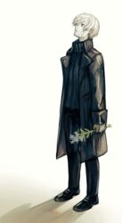  1boy bad_id bad_pixiv_id black_coat black_footwear black_legwear black_sweater coat flower gloves holding holding_flower kaneki_ken looking_up male_focus pale_skin red_eyes ribbed_sweater solo standing sweater tokyo_ghoul turtleneck white_gloves white_hair xino 