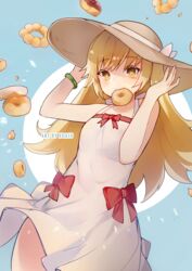  artist_name bad_id bad_pixiv_id bakemonogatari blonde_hair bracelet commentary doughnut dress english_text female food hat high_heels highres jewelry long_hair looking_at_viewer monogatari_(series) mouth_hold oerba_yun_fang oshino_shinobu pointy_ears ribbon solo sun_hat v white_dress xoaiu yellow_eyes 