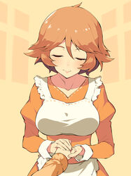  ahoge apron breasts closed_eyes closed_mouth collarbone dress elysion female hair_between_eyes holding_hands juliet_sleeves light_brown_hair long_sleeves medium_breasts orange_dress puffy_sleeves ribbon_trim sacrifice&#039;s_sister_(elysion) sacrifice_(sound_horizon) short_hair siblings sisters sleeve_cuffs smile solo_focus sound_horizon v-neck waist_apron white_apron yellow_background youhei_64d 