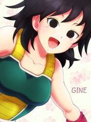  :d armor arms_at_sides bare_arms bare_shoulders black_eyes black_hair breasts character_name collarbone commentary dragon_ball dragon_ball_minus dragon_ball_super dragon_ball_super_broly dutch_angle eyelashes female floral_background flower gine gradient_background hair_between_eyes happy leaning leaning_forward looking_at_viewer medium_breasts medium_hair messy_hair open_mouth pink_background pink_flower saiyan_armor shaded_face simple_background smile solo tomomon_(badatomo) upper_body white_background wristband 