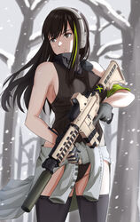  assault_rifle black_scarf black_thighhighs brown_eyes brown_hair brown_sweater_vest closed_mouth cyka feet_out_of_frame female girls&#039;_frontline gloves grey_gloves gun headset highres holding holding_gun holding_weapon leotard leotard_sweater long_hair looking_away m4_carbine m4a1_(girls&#039;_frontline) mask multicolored_hair ribbed_leotard rifle scarf skull_mask snowflakes solo standing sweater_vest thighhighs tree weapon winter 