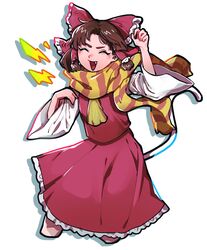  bad_id bad_twitter_id benikurage_(cookie) blush bow brown_hair closed_eyes commentary cookie_(touhou) cowboy_shot cropped_legs detached_sleeves female frilled_bow frilled_hair_tubes frilled_skirt frills hair_tubes hairbow hakurei_reimu highres hita_(hizokuseikogeki) lightning_bolt_symbol medium_hair oerba_yun_fang open_mouth orange_scarf parted_bangs red_bow red_shirt red_skirt scarf shirt simple_background skirt skirt_set sleeveless sleeveless_shirt smile solo striped_clothes striped_scarf touhou white_background white_sleeves yellow_scarf 