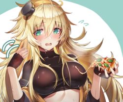  anthro blonde_hair blush breasts close cropped dakunesu food girls_frontline gloves green_eyes headband long_hair oerba_yun_fang pizza s.a.t.8_(girls_frontline) skintight 