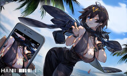  ;) absurdres ahoge azur_lane bangle beach black_hair blue_eyes bracelet breasts cellphone chinese_commentary cleavage commentary cowboy_shot day dutch_angle earrings female finger_gun fisheye georgia_(azur_lane) georgia_(south_town_pearl)_(azur_lane) grin hair_between_eyes han-0v0 highres jacket jacket_over_shoulder jewelry large_breasts long_hair necklace official_alternate_costume one_eye_closed outdoors phone photoshop_(medium) pointing pointing_at_viewer smartphone smile solo_focus unworn_jacket weibo_watermark wristband 