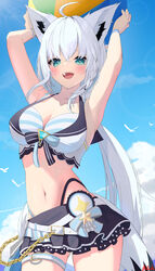  absurdres ahoge animal_ear_fluff animal_ears armpits ball beachball belt belt_buckle bikini bikini_skirt bizusuhatu123 black_skirt blue_eyes blue_sky blush breasts buckle chains cleavage cloud commentary_request female fox_ears fox_girl fox_tail highres holding holding_ball holding_beachball hololive hololive_summer_2023_swimsuit large_breasts looking_at_viewer navel open_mouth outdoors ponytail shirakami_fubuki skirt sky smile solo stomach striped_bikini striped_clothes swimsuit tail teeth thigh_strap upper_teeth_only virtual_youtuber white_bikini white_hair 