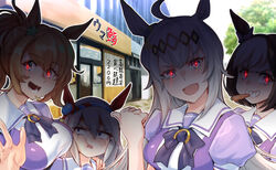  4girls absurdres ahoge animal_ears blue_eyes blue_hairband bow bowtie brown_hair carrot commentary_request diffraction_spikes ear_bow ear_covers ear_ornament food_in_mouth glowing glowing_eyes grey_hair hair_between_eyes hair_ornament hairband headband high_ponytail highres horrified horse_ears horse_girl horseshoe_ornament livestream long_hair moto_toshi multicolored_hair multiple_girls oguri_cap_(umamusume) orange_hair purple_bow purple_bowtie purple_shirt red_eyes red_hairband sailor_collar sailor_shirt school_uniform shaded_face shadow shirt sideways_glance special_week_(umamusume) star_(symbol) star_hair_ornament striped_clothes striped_hairband summer_uniform sweatdrop taiki_shuttle_(umamusume) tamamo_cross_(umamusume) tracen_school_uniform translated two-tone_hair two-tone_hairband umamusume v-shaped_eyebrows white_hair white_sailor_collar yellow_hairband 