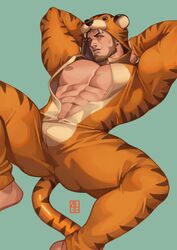  1boy abs absolum_art animal_costume animal_ears animal_print arms_behind_head bara bare_pectorals beard borrowed_character brown_eyes brown_hair bulge cayden_(dizdoodz) dizdoodz facial_hair feet_out_of_frame highres large_pectorals leg_up lying male_focus mature_male muscular muscular_male naked_costume navel nipples on_back original pectorals short_hair solo spread_legs tail thick_thighs thighs tiger_costume tiger_ears tiger_print tiger_tail 