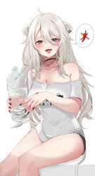  ahoge animal_ears black_choker black_nails bottle breasts choker cleavage denim denim_shorts ear_piercing female fingernails grey_hair hair_between_eyes highres holding holding_bottle hololive jewelry large_breasts lion_ears lion_girl lion_tail long_fingernails long_hair looking_at_viewer loose_clothes loose_shirt messy_hair nail_polish necklace nerorigogo no_bra official_alternate_costume official_alternate_hairstyle open_mouth piercing sharp_fingernails shirt shishiro_botan shishiro_botan_(casual) short_shorts shorts sidelocks single_bare_shoulder sitting solo spicy spoken_food sweat t-shirt tail tongue tongue_out torn_clothes torn_shorts virtual_youtuber water_bottle white_shirt 