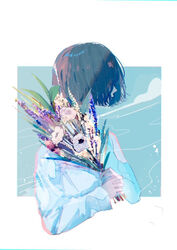  blue_background bouquet brown_hair commentary_request covered_eyes cropped_torso female flower hagimorijia holding holding_bouquet long_sleeves original profile purple_flower shirt short_hair solo upper_body white_background white_flower white_shirt 