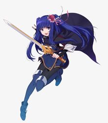  blue_cape blue_dress blue_eyes blue_footwear blue_hair bodysuit boots bow cape commentary_request cosplay dress falchion_(fire_emblem) female fingerless_gloves fire_emblem fire_emblem_awakening flower full_body furudo_erika gloves grey_background hair_flower hair_ornament hair_ribbon hairbow knee_boots leg_up legs long_hair long_sleeves looking_at_viewer lucina_(fire_emblem) lucina_(fire_emblem)_(cosplay) open_mouth ribbon ryon_(ryonhei) shadow sidelocks simple_background sleeve_cuffs smile solo twintails umineko_no_naku_koro_ni white_background 