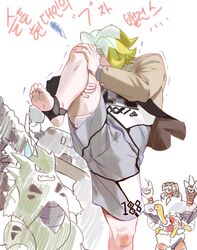  1boy bad_id bad_twitter_id bandaid barbaracle blazer blonde_hair brown_jacket coalossal commentary_request covered_face crotch_seam failure film_grain flipped_hair flying_sweatdrops gauze gordie_(pokemon) green_hair grey_shirt grey_shorts hand_on_own_knee hand_on_own_leg highres jacket knee_to_face knees korean_commentary korean_text leg_up long_sleeves looking_at_another male_focus malshi_edroad multicolored_hair no_shoes pokemon pokemon_(creature) pokemon_swsh print_shirt print_shorts shirt short_hair shorts shuckle simple_background soles solo_focus standing standing_on_one_leg stonjourner struggling sweatdrop thigh_grab toes translation_request trembling two-tone_hair tyranitar upshorts white_background 