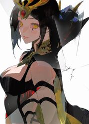  arm_strap bare_shoulders black_capelet black_hair breasts broken_glass capelet cleavage eyelashes female glass hair_ornament highres jian_tai_(cuoyu0) large_breasts league_of_legends leblanc_(league_of_legends) looking_at_viewer makeup medium_breasts medium_hair parted_bangs parted_lips red_pupils sideboob simple_background solo upper_body white_background yellow_eyes 