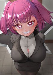  black_jacket black_pantyhose black_skirt breasts business_suit button_gap female formal from_above fuuma_shuriken grin highres jacket kyuuketsuki_sugu_shinu large_breasts light_particles looking_at_viewer ocza office_lady pantyhose pencil_skirt pink_eyes pink_hair sanzu_(kyuuketsuki_sugu_shinu) sharp_teeth shirt short_hair shuriken skirt smile solo star-shaped_pupils star_(symbol) suit symbol-shaped_pupils teeth tiles two_side_up weapon white_shirt 