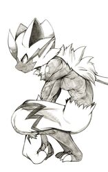  abs anthro black_and_white claws contemplating crouching detailed digital_drawing_(artwork) digital_media_(artwork) felid feline fur fur_markings generation_7_pokemon hi_res lean_muscle legendary_pokemon male mammal markings monochrome muscle_tone muscular muscular_anthro muscular_male muscular_thighs neck_tuft nintendo nipples paws pokemon pokemon_(species) shaded shaolin_bones side_view solo squatting_position toe_claws tuft vein whiskers zeraora 