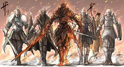  1boy 5others absurdres armor bad_id bad_twitter_id bearer_of_the_curse bloodborne burning chosen_undead commentary dark_souls_(series) dark_souls_i dark_souls_ii dark_souls_iii demon&#039;s_souls embers fire full_armor full_body fur_collar hat helmet highres hunter_(bloodborne) kankan33333 knight long_coat multiple_others ninja saw saw_cleaver sekiro sekiro:_shadows_die_twice shield slayer_of_demons soul_of_cinder sword tricorne walking weapon 