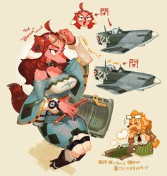  2019 ahoge aircraft anthro blush bodily_fluids breasts brown_body brown_fur canid canine canis choker closed_eyes clothed clothing cough cute_fangs digital_media_(artwork) domestic_dog duo exclamation_point eyewear female fluffy fluffy_tail fur glasses hair hawker_hurricane hawker_hurricane_(hideki_kaneda) hi_res hideki_kaneda japanese_text jewelry long_hair mammal necklace necktie one_eye_closed open_mouth pink_body pink_fur red_eyes red_hair spitfire_(hideki_kaneda) supermarine_spitfire sweat tail text translation_request vehicle wink 