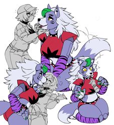  2022 animatronic anthro applying_makeup ass biped black_lipstick bottomwear bracelet breasts canid canine canis claws clothed clothing collar digital_media_(artwork) duo face_mask female female/female finger_claws five_nights_at_freddy&#039;s five_nights_at_freddy&#039;s:_security_breach fully_clothed fur gloves green_hair hair hand_on_chin handwear human iriedono jewelry kiss_mark kissing kneeling larger_anthro larger_female lipstick lipstick_(object) lipstick_fetish lipstick_on_face machine makeup mammal personal_grooming purple_body purple_fur robot roxanne_wolf scottgames shorts shoulder_pads simple_background size_difference smaller_female smaller_human spiked_bracelet spiked_collar spikes steel_wool_studios surprise tail tail_motion tailwag white_background white_body white_fur white_hair wolf yellow_eyes 