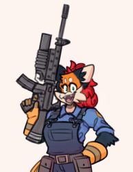  anthro assault_rifle canid canine clothing cute_fangs engineer_(team_fortress_2) female fox gloves green_eyes grenade_launcher gun hair hand_on_hip handwear looking_at_viewer m16 m203 mammal orange_body overalls pepper_(sketchytoasty) ranged_weapon red_hair rifle shirt simple_background sketchytoasty smile smiling_at_viewer solo team_fortress_2 third-party_edit tied_hair topwear valve weapon 