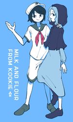  2girls @_@ bad_id bad_twitter_id black_eyes black_hair blue_background blue_eyes blue_hair blue_hood character_name closed_mouth colored_skin commentary cookie_(touhou) flour_(cookie) full_body green_footwear hand_on_another&#039;s_shoulder hat highres hita_(hizokuseikogeki) hood kumoi_ichirin long_sleeves looking_at_viewer looking_to_the_side milk_(cookie) multiple_girls murasa_minamitsu neckerchief open_mouth pants red_neckerchief sailor_collar sailor_hat shirt shoes short_hair short_sleeves simple_background smile touhou white_pants white_shirt white_skin 