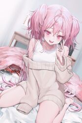  :d ahoge bare_shoulders blanket bow calendar_(object) character_request chips_(food) eyelashes female food hand_up highres long_eyelashes long_hair long_sleeves looking_at_viewer off-shoulder_sweater off_shoulder on_bed open_mouth original p00nipooni pink_blanket pink_bow pink_eyes pink_hair potato_chips short_twintails sitting sleeves_past_wrists smile solo sports_bra sweater table twintails very_long_hair wariza white_sports_bra 