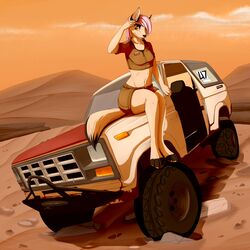  1:1 4_toes absurd_res anthro barefoot biped bottomwear canid canine canis claws clothed clothing crop_top desert digital_media_(artwork) digitigrade feet female flat_chested ford ford_bronco fox fur hair hi_res impreza looking_at_viewer mammal midriff motor_vehicle mountain offroad on_car on_hood outside pawpads paws pink_hair pink_pawpads rock sand shielding_eyes shirt shorts sitting sitting_on_vehicle sky solo sunset suv toes topwear tridognait vehicle 